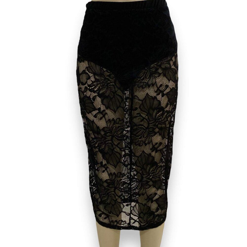 Black Floral Lace Panty Sheer Midi Skirt NEW